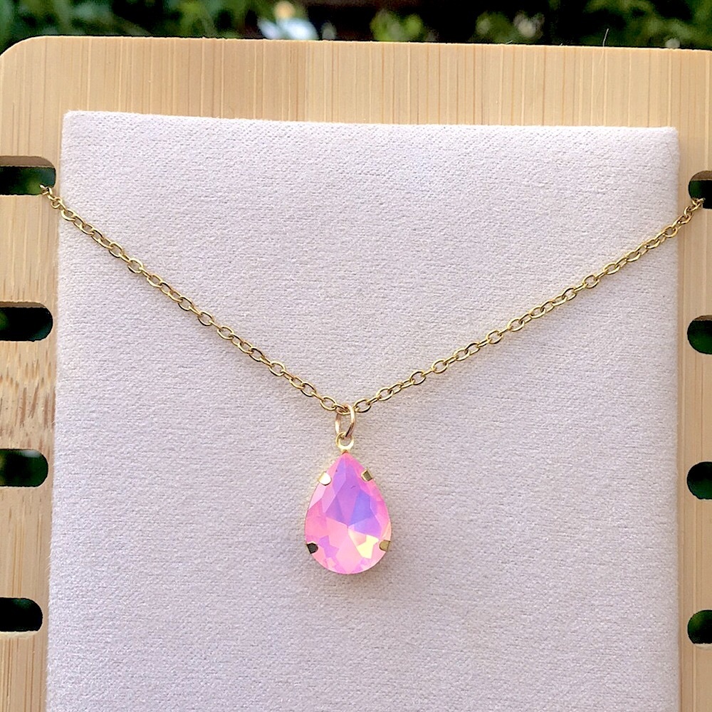 Pink Opal Aurora Borealis Pear Teardrop Crystal Pendant Necklace - Picture 7 of 14